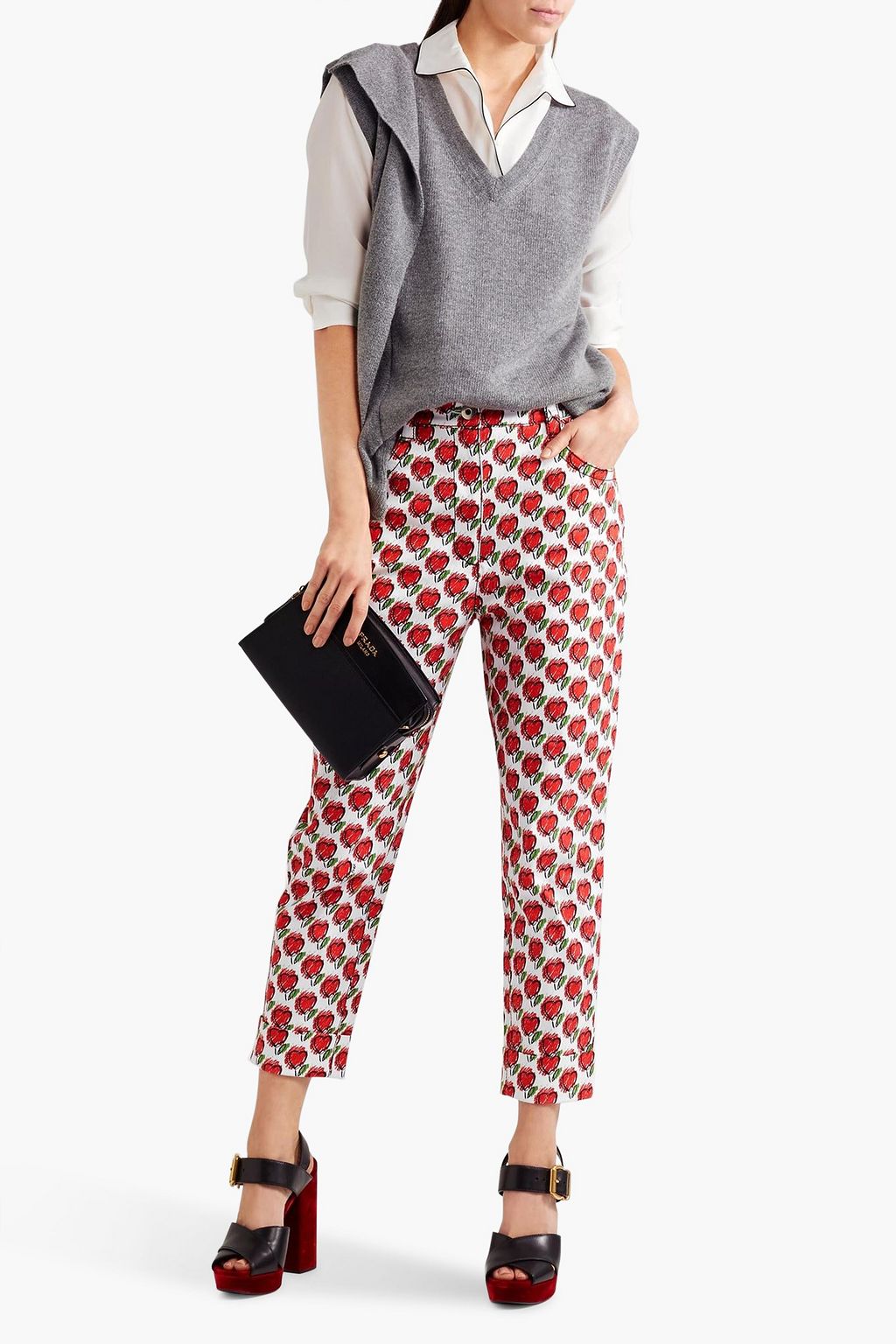 PRADA クロップド ミッドライズ スリムレッグジーンズ プリント入り