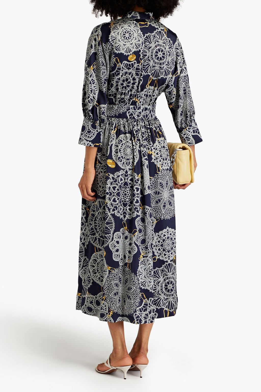 BOUTIQUE MOSCHINO Gathered printed silk-blend-satin midi dress