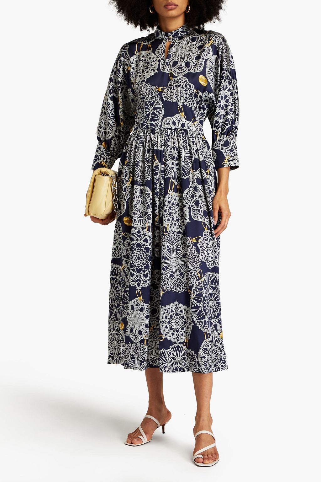 BOUTIQUE MOSCHINO Gathered printed silk-blend-satin midi dress