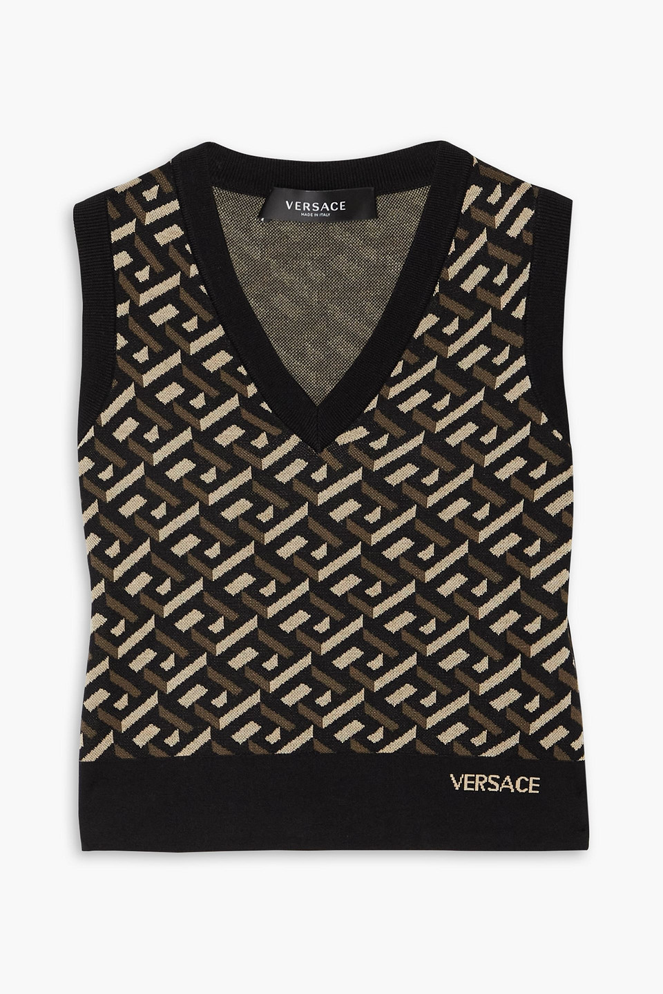 Versace Cropped Intarsia Silk Tank In Black