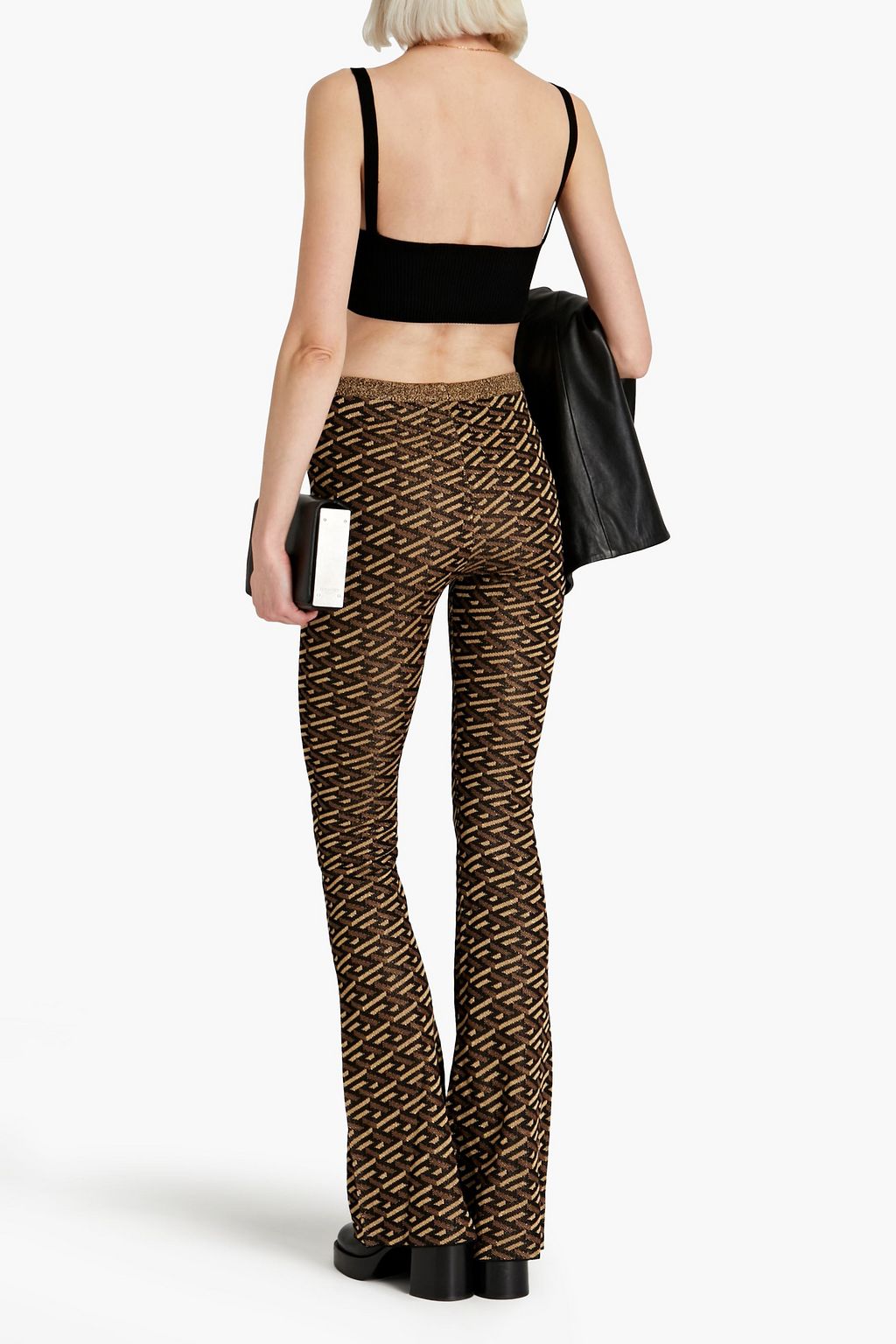 VERSACE Embroidered metallic jacquard-knit flared pants