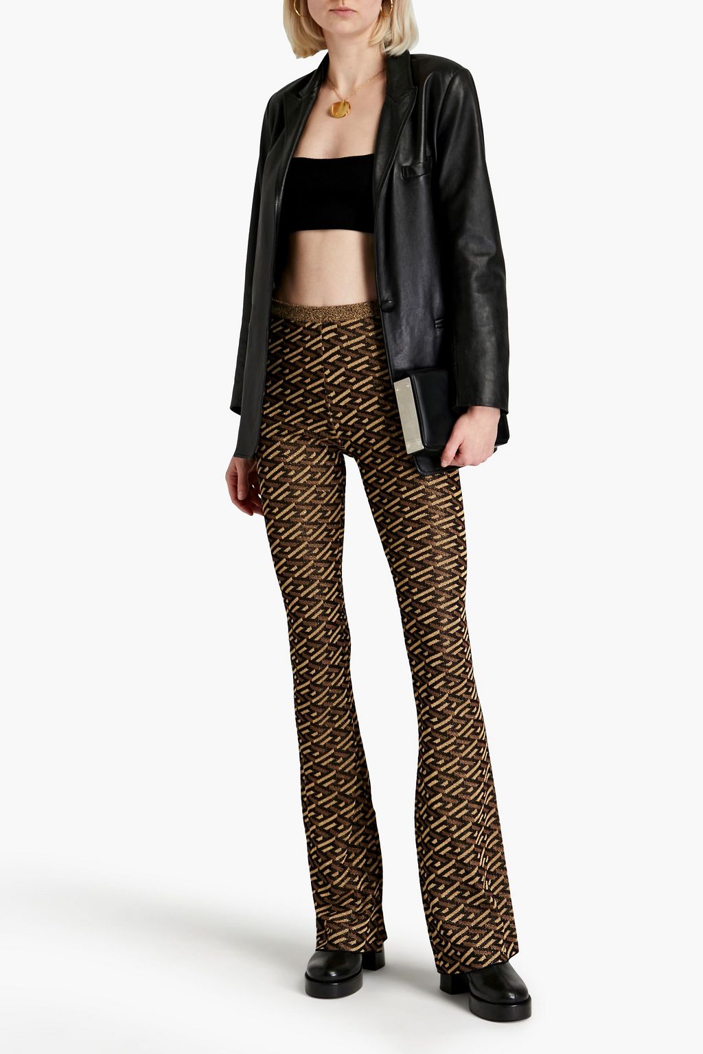 VERSACE Embroidered metallic jacquard-knit flared pants