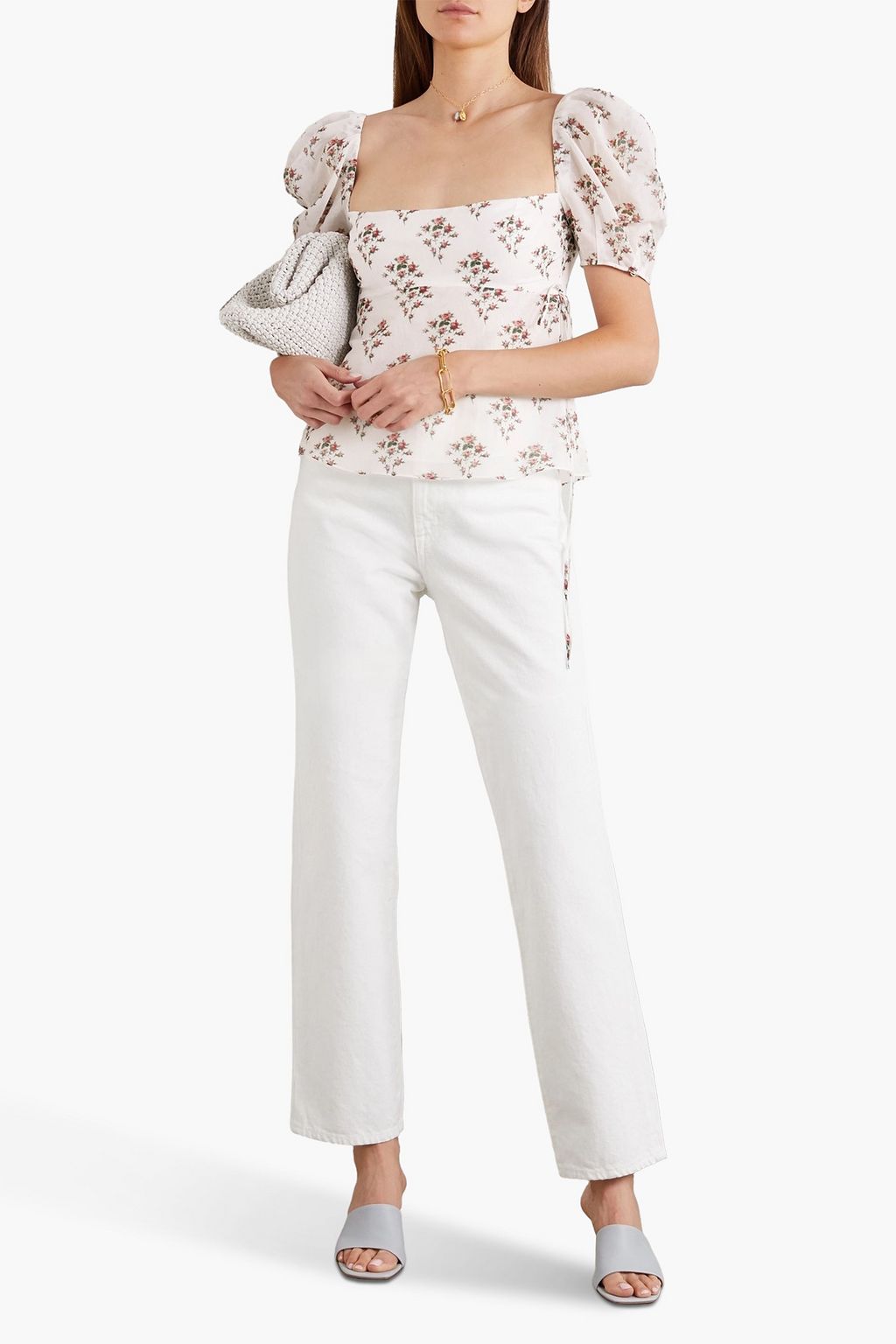 BROCK COLLECTION Oberteil aus Musselin aus einer Baumwoll-Seidenmischung mit floralem Print und Bindedetail