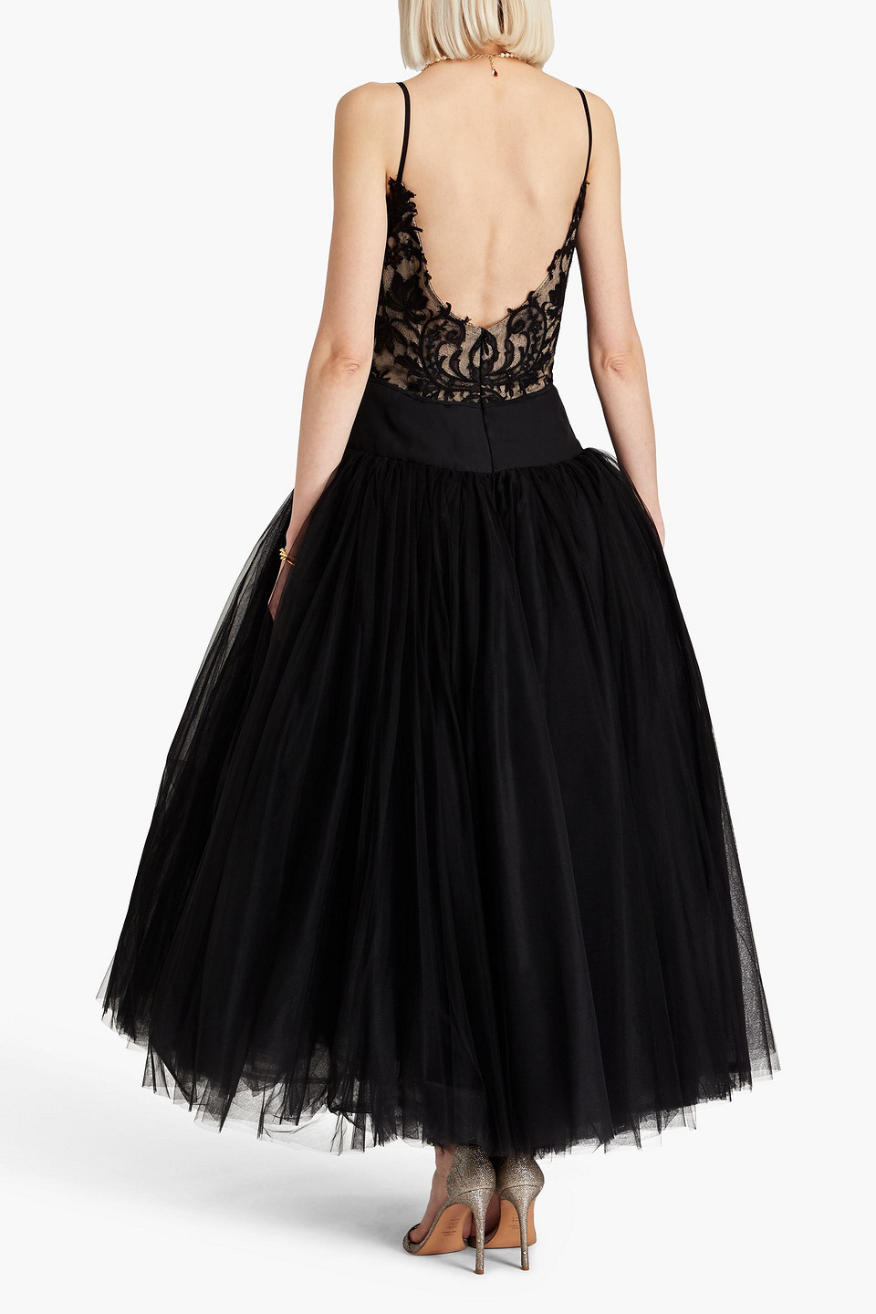 Monique Lhuillier Corded Lace-paneled Silk-crepe Gown In Black