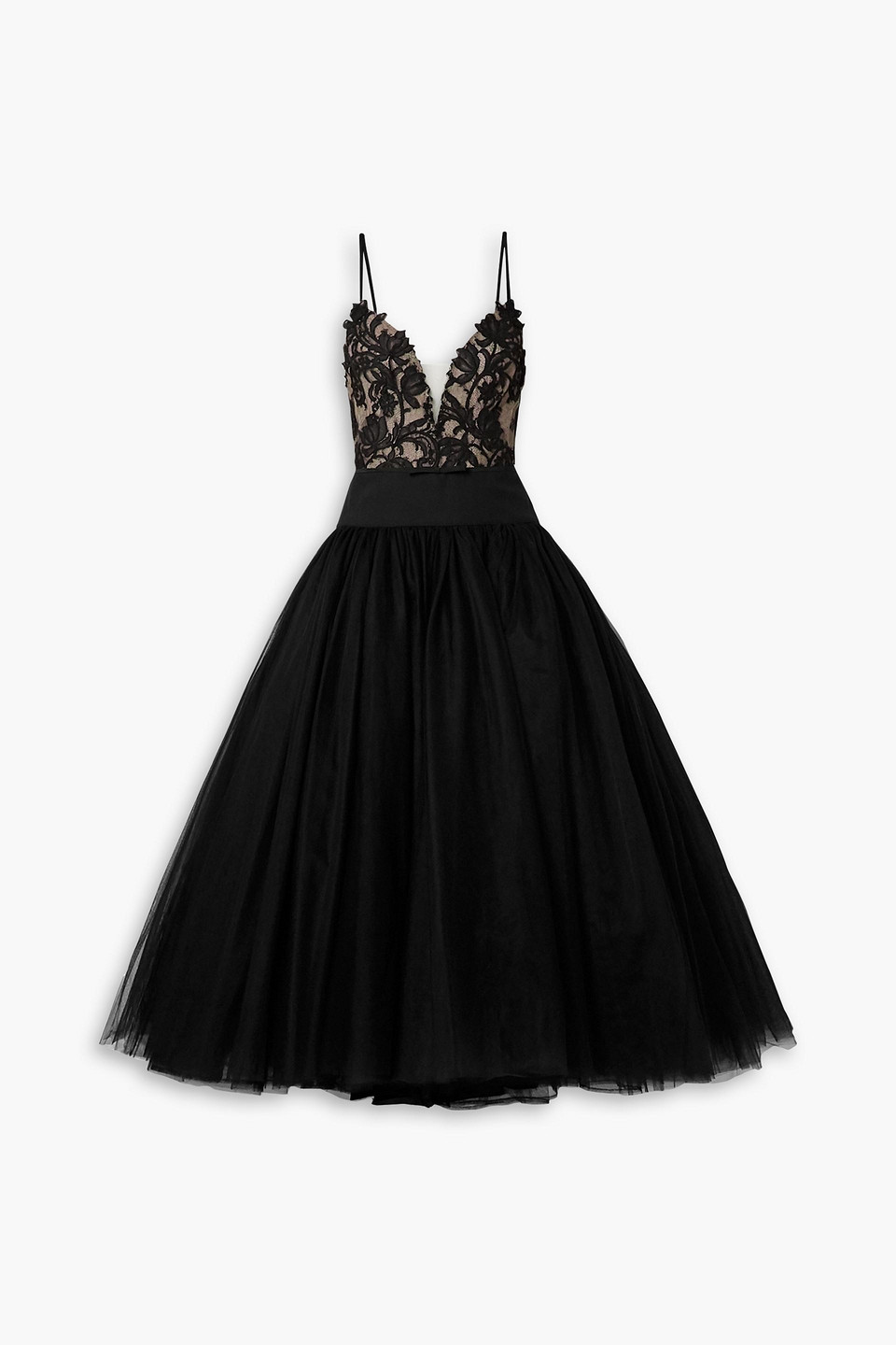 Monique Lhuillier Corded Lace-paneled Silk-crepe Gown In Black