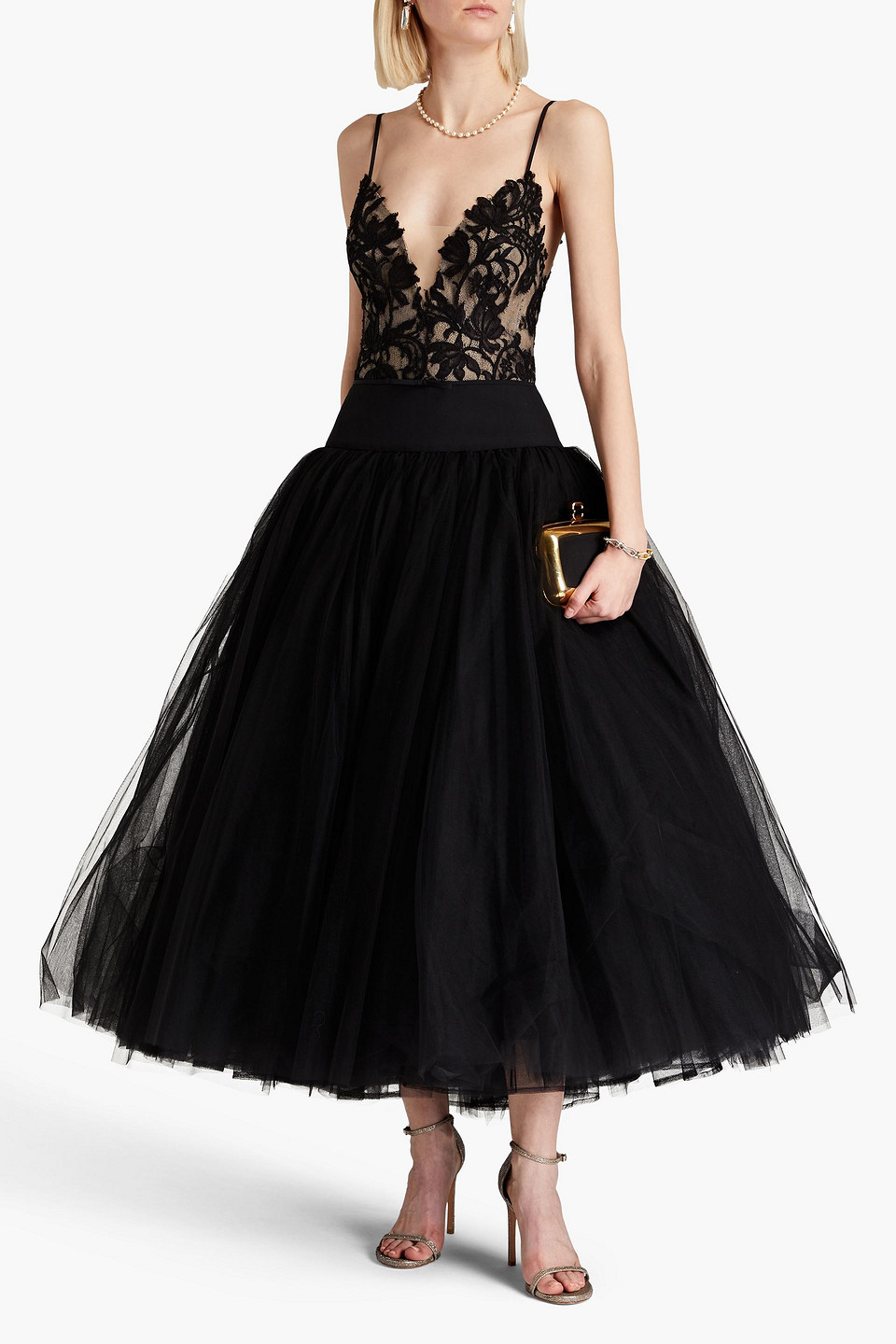 Monique Lhuillier Corded Lace-paneled Silk-crepe Gown In Black