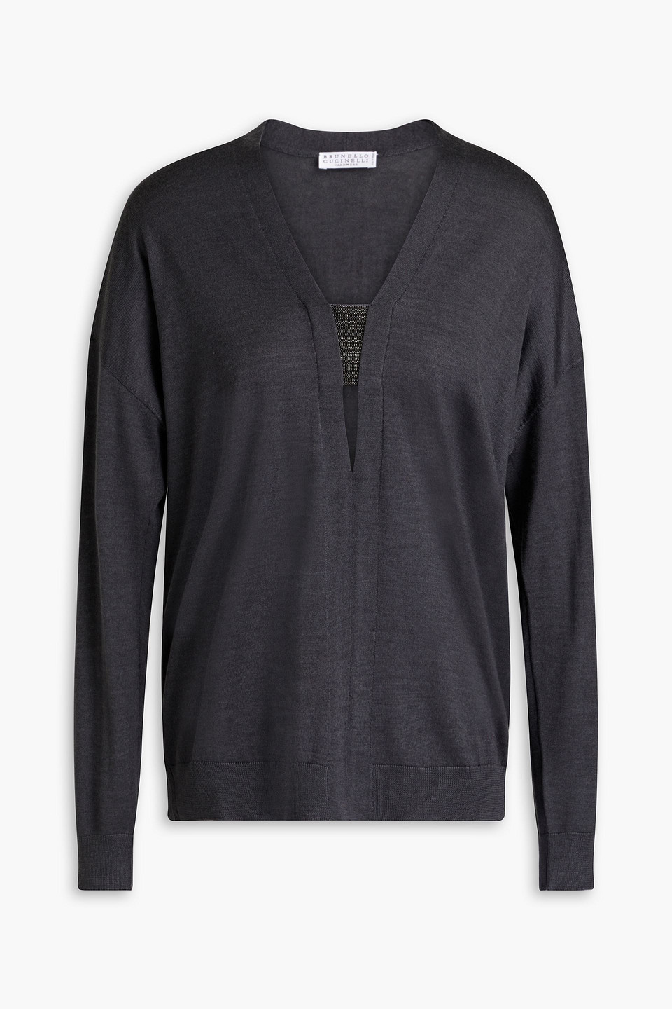 Brunello Cucinelli Bead-embellished Cutout Cashmere And Silk-blend Sweater In Dark Gray