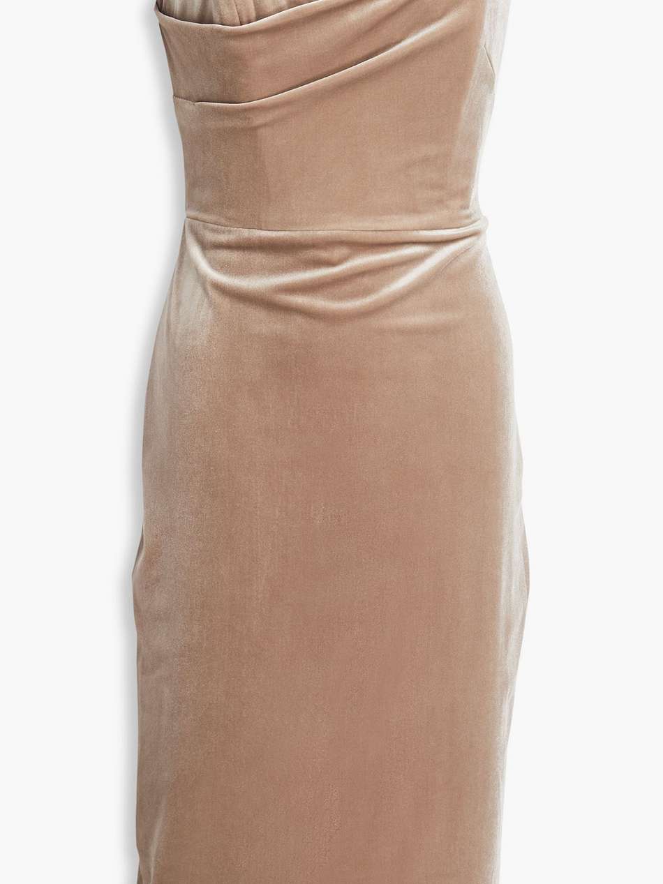 off-the-shoulder draped velvet dress