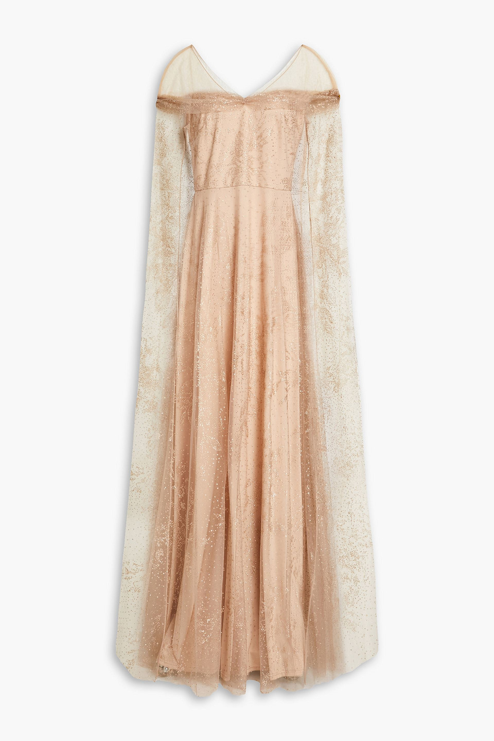 Marchesa Notte Gathered Glittered Tulle Gown In Neutral