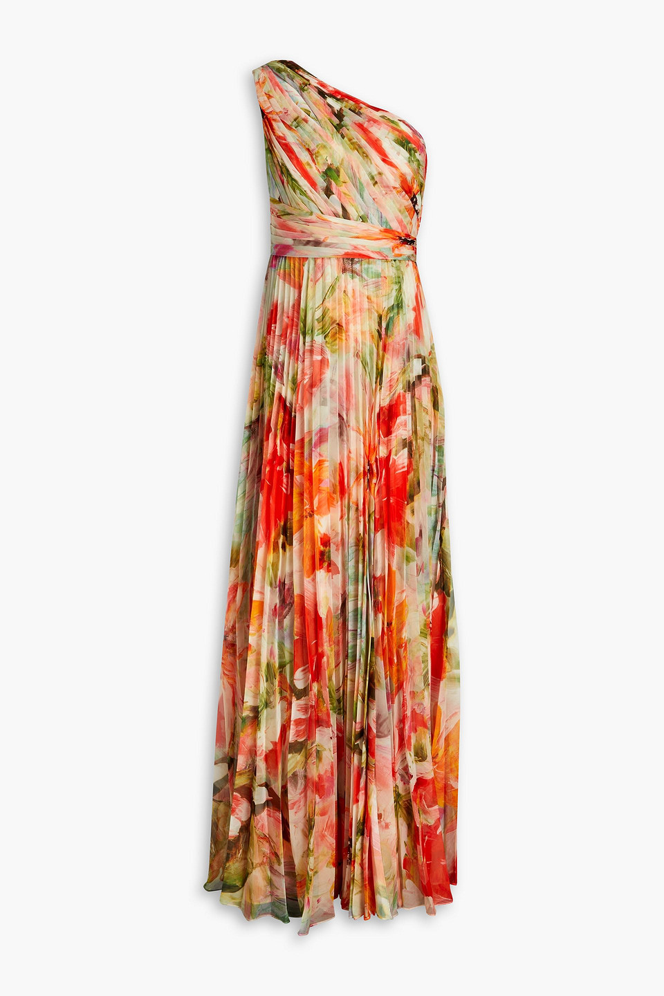 Marchesa Notte One-shoulder pleated floral-print chiffon gown
