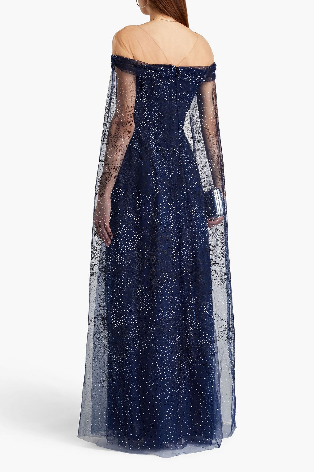 MARCHESA NOTTE Cape-effect glittered tulle gown