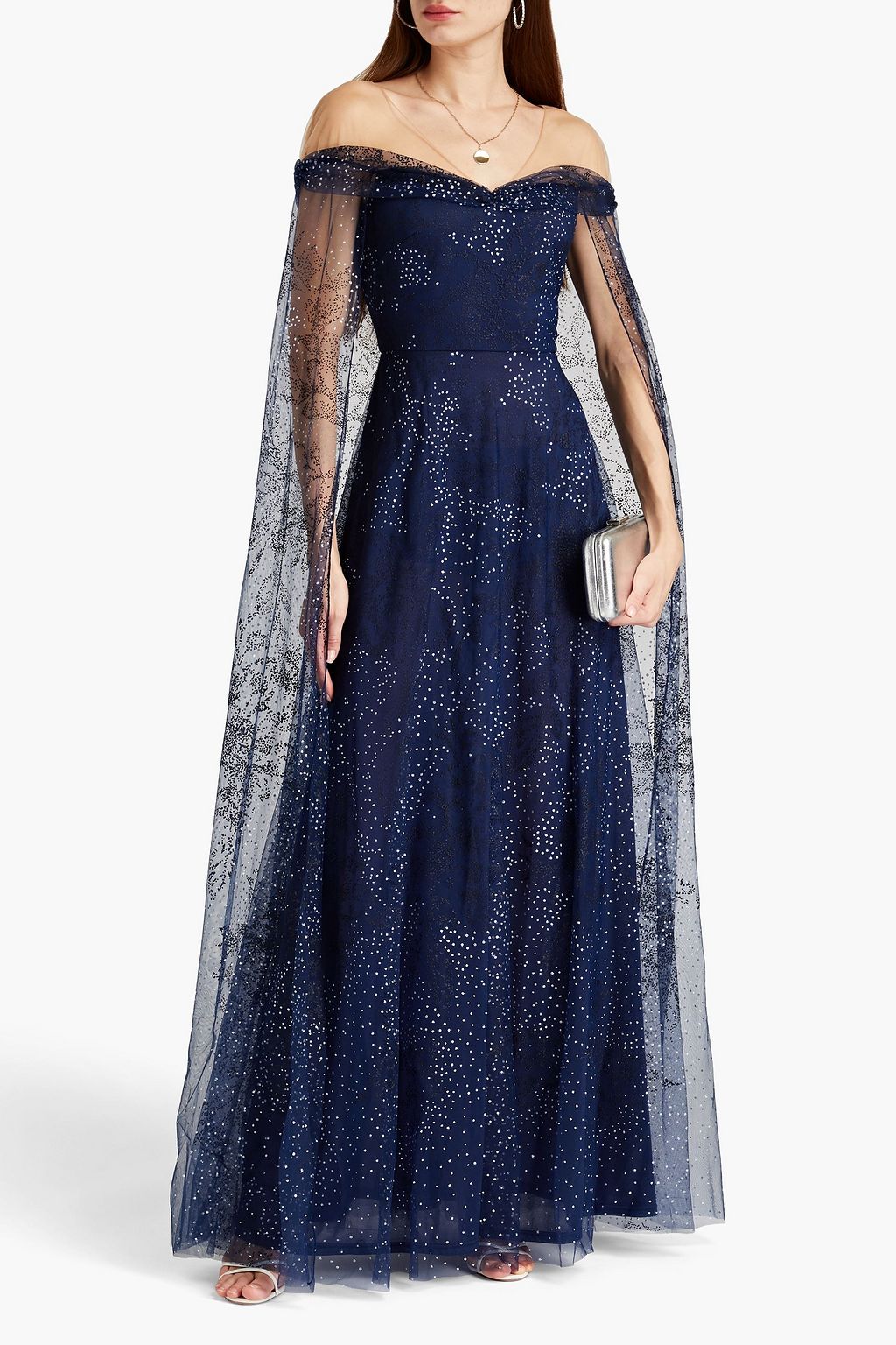 MARCHESA NOTTE Cape-effect glittered tulle gown