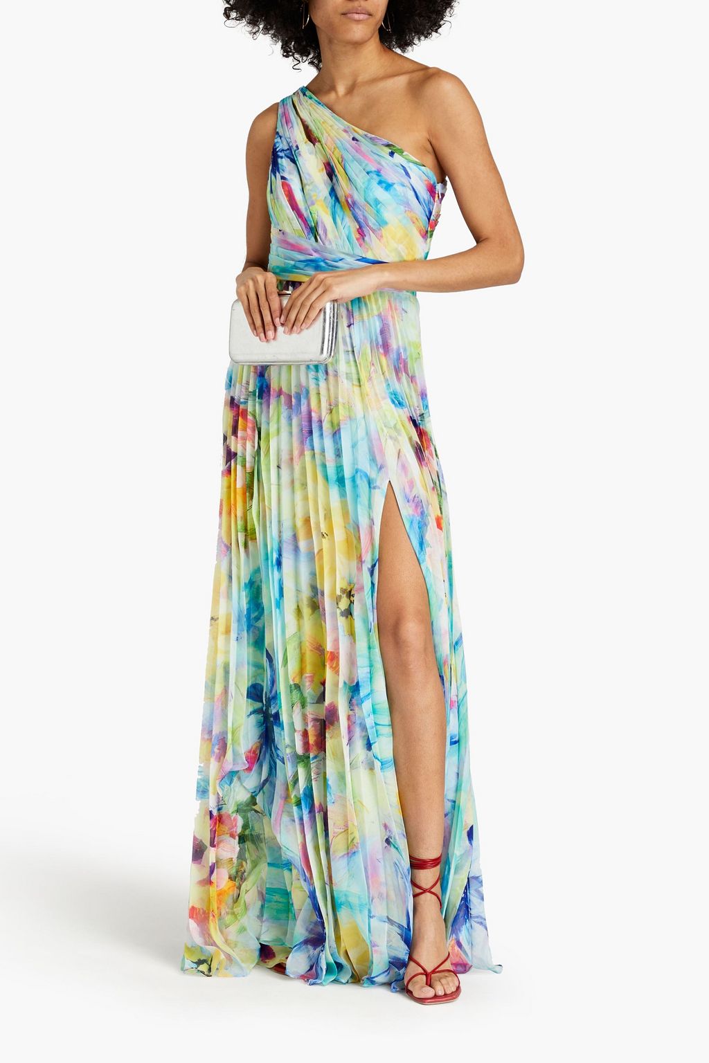 MARCHESA NOTTE One-shoulder cutout pleated chiffon gown