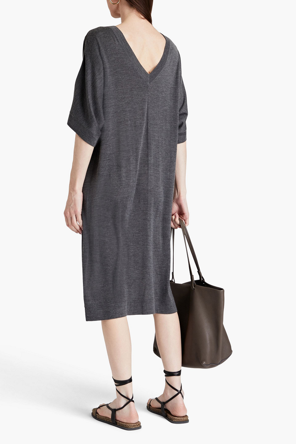 BRUNELLO CUCINELLI BEAD-EMBELLISHED CUTOUT CASHMERE AND SILK-BLEND MIDI DRESS 3074457345634708136