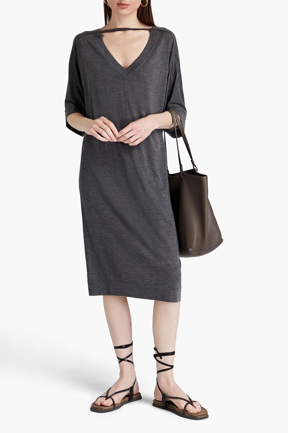 BRUNELLO CUCINELLI BEAD-EMBELLISHED CUTOUT CASHMERE AND SILK-BLEND MIDI DRESS 3074457345634708136