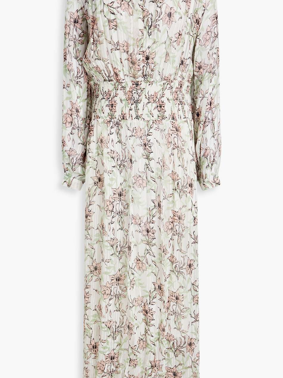 calista shirred metallic floral-print chiffon maxi dress