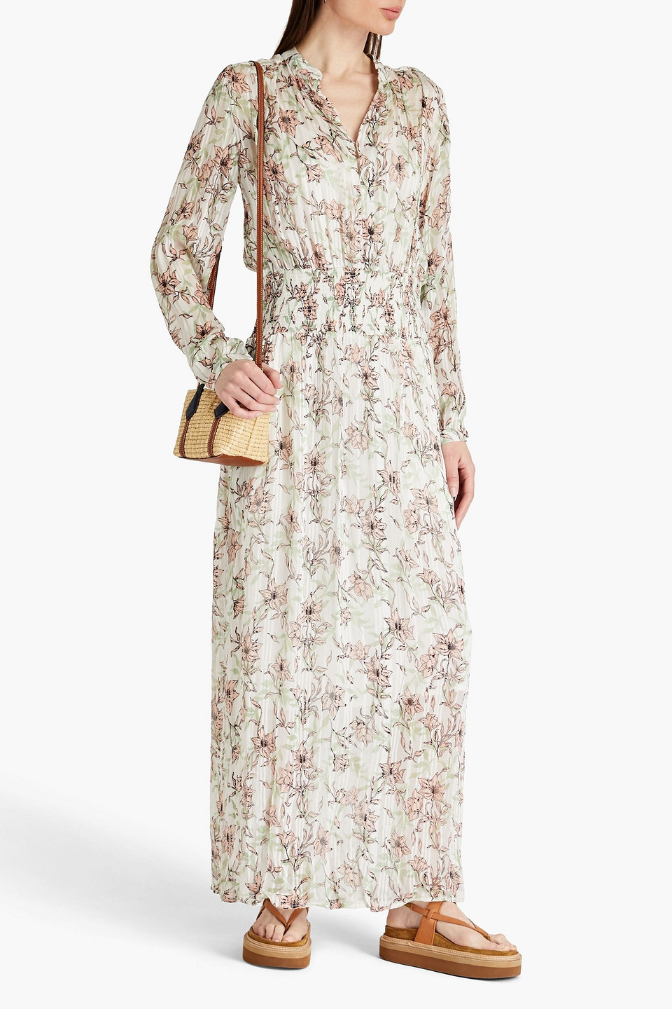 Shop Rag & Bone Calista Shirred Metallic Floral-print Chiffon Maxi Dress In White