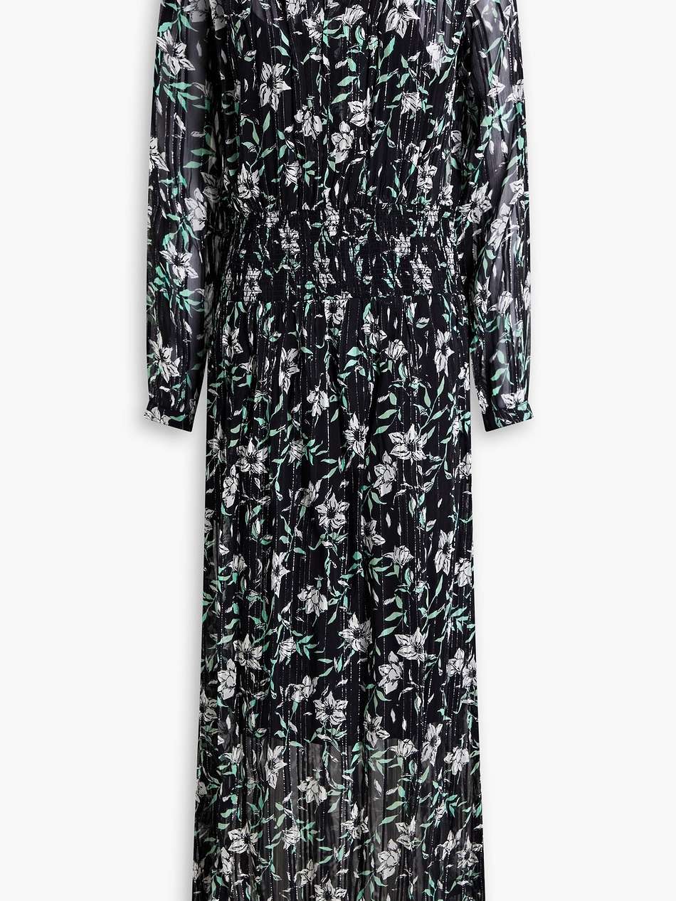 calista shirred metallic floral-print chiffon maxi dress
