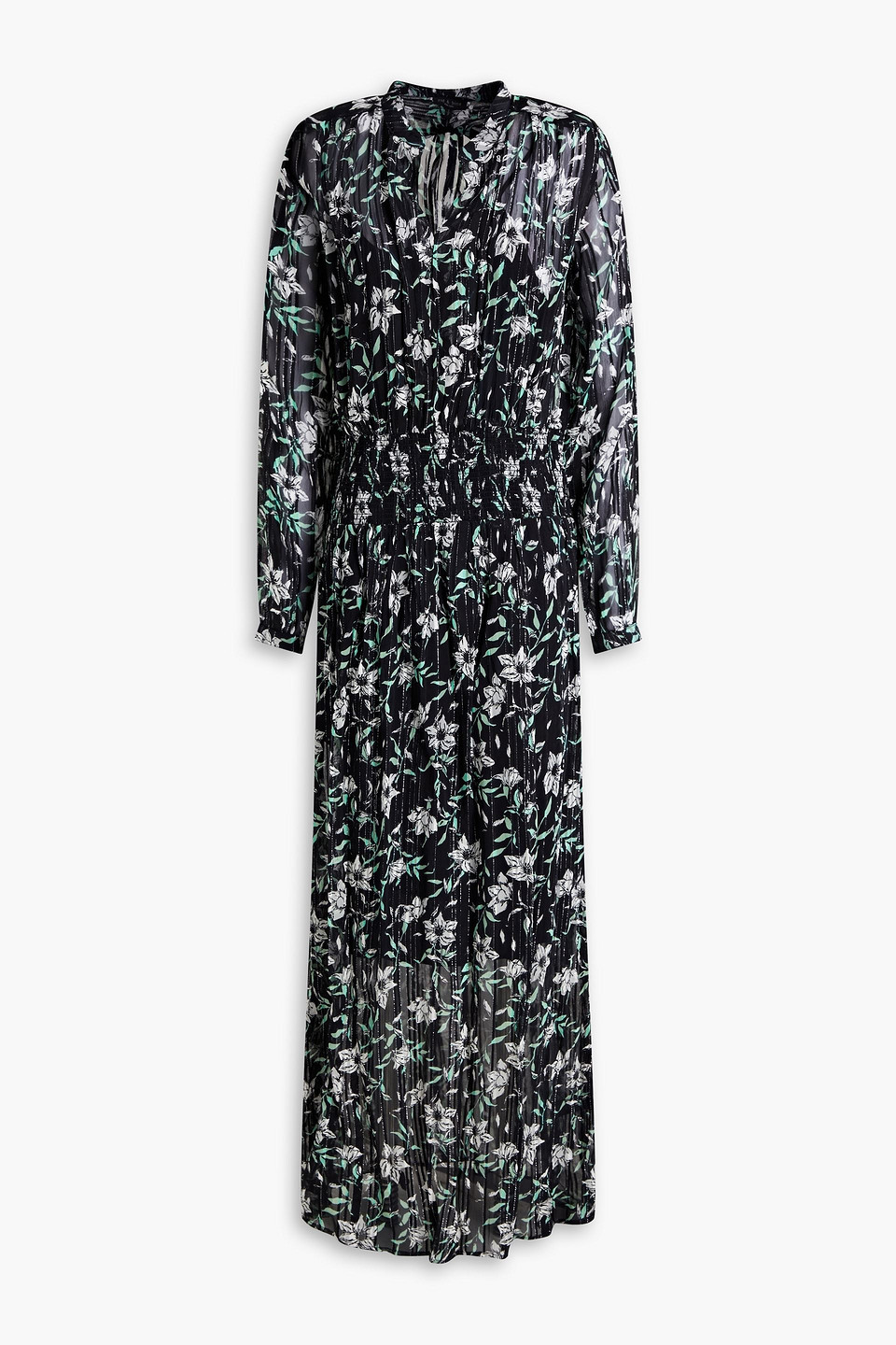 Rag & Bone Calista Shirred Metallic Floral-print Chiffon Maxi Dress In Black