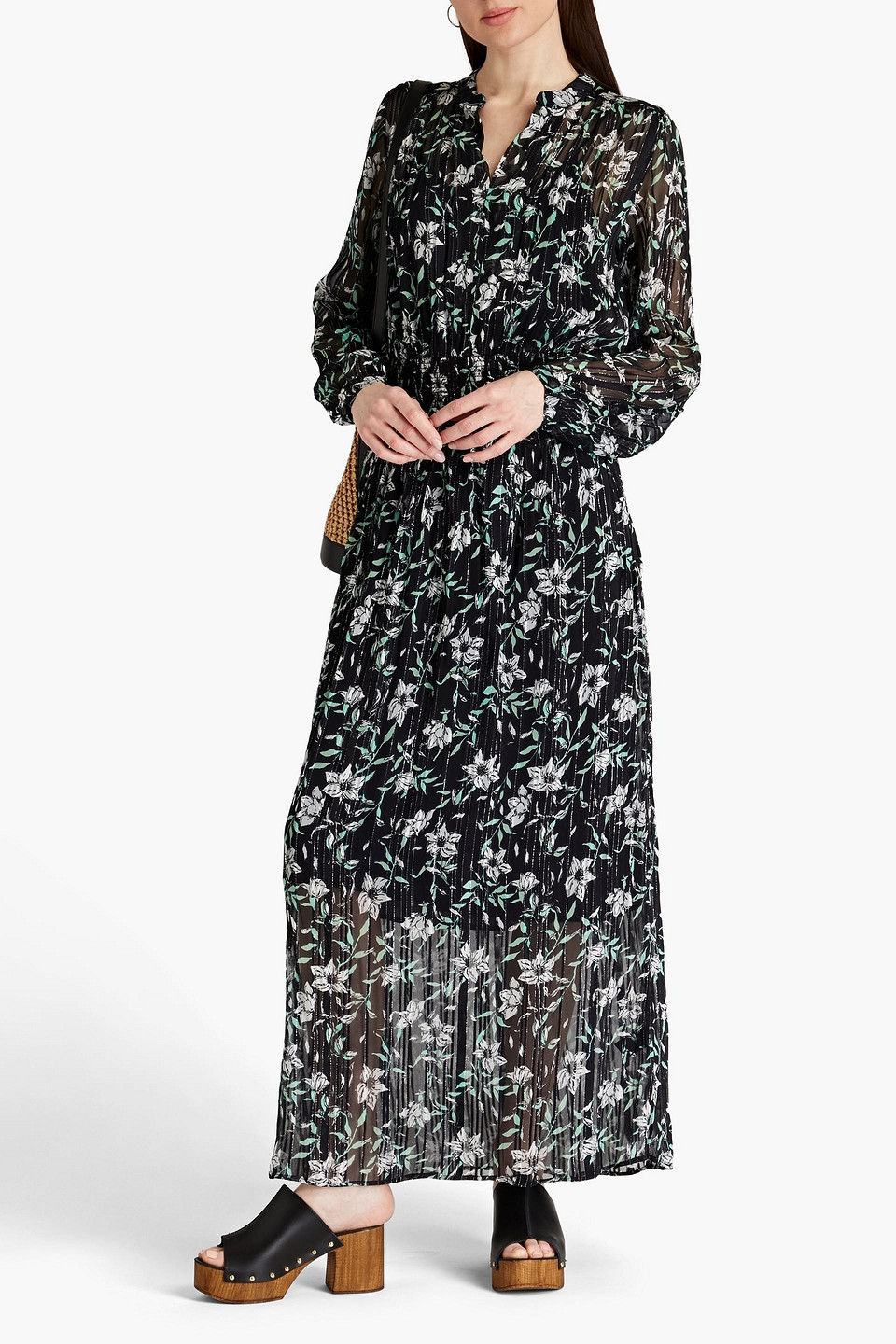 Shop Rag & Bone Calista Shirred Metallic Floral-print Chiffon Maxi Dress In Black