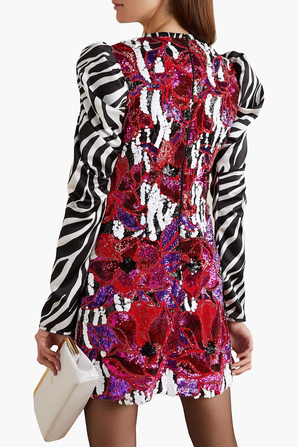 HALPERN Sequin-embellished zebra-print satin mini dress
