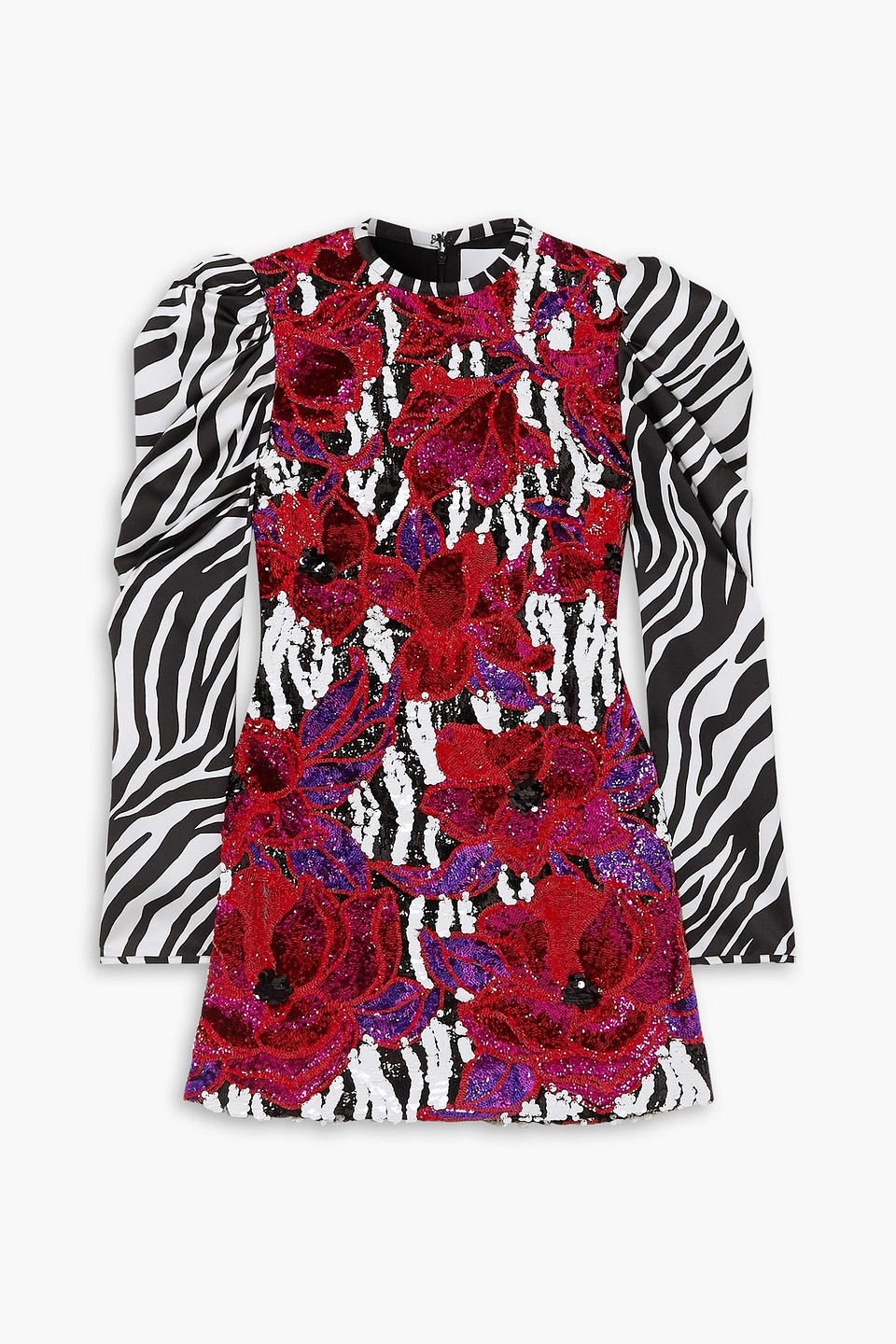 Halpern Satin-paneled printed sequined crepe midi dress