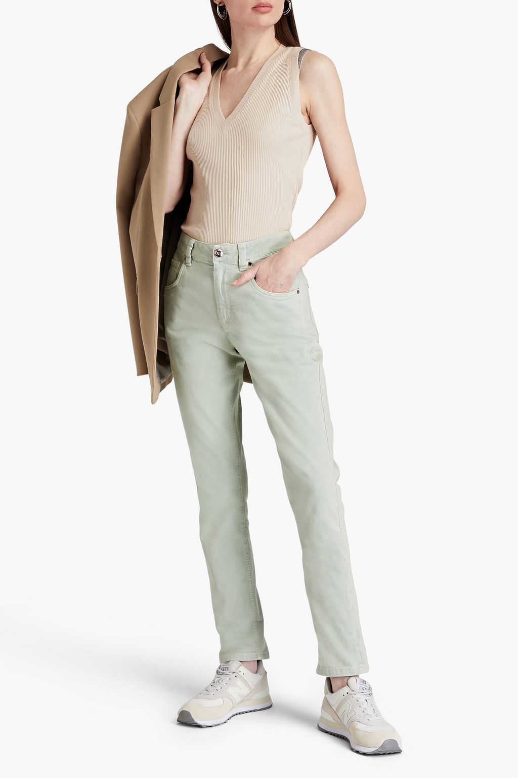 BRUNELLO CUCINELLI Bead-embellished ribbed cotton-jersey tank