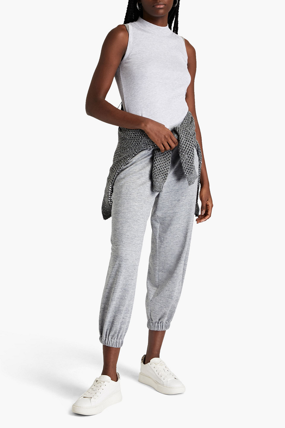 Brunello Cucinelli Bead-embellished Ribbed Cotton-jersey Tank In Light Gray
