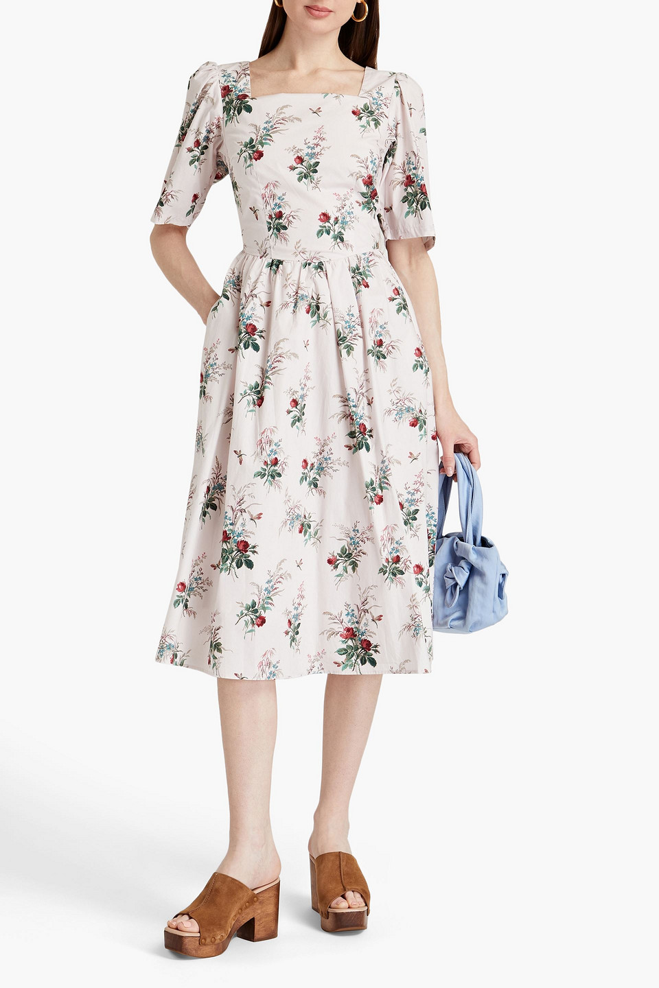 Meadows Caster Floral-print Cotton-poplin Midi Dress In Pastel Pink