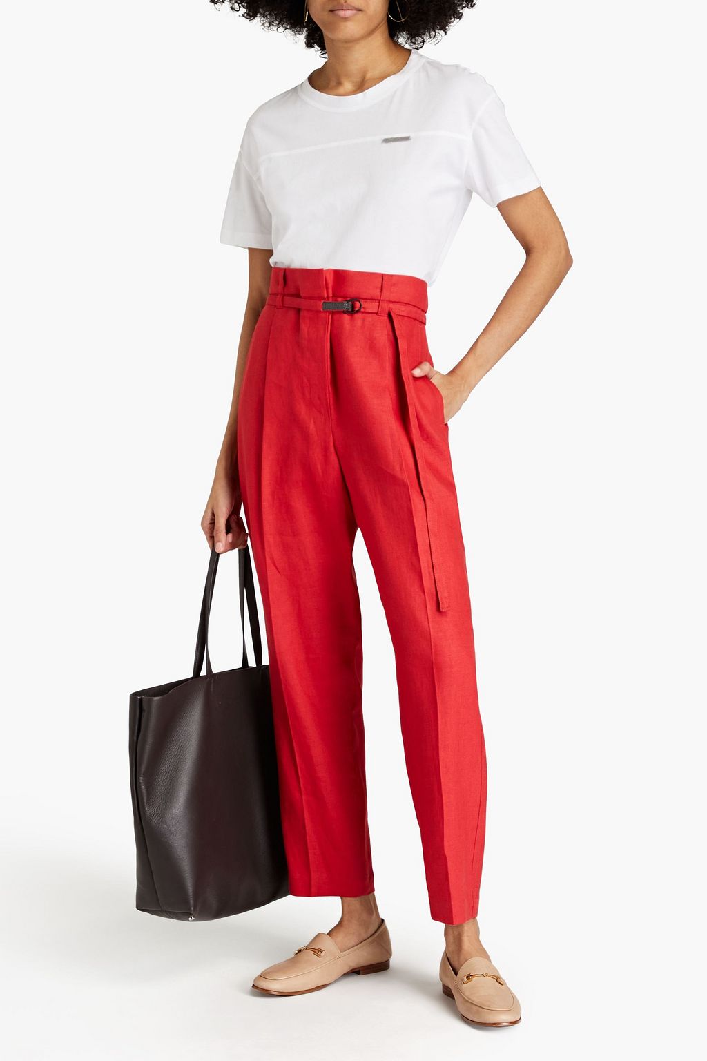 BRUNELLO CUCINELLI Belted pleated linen-blend tapered pants
