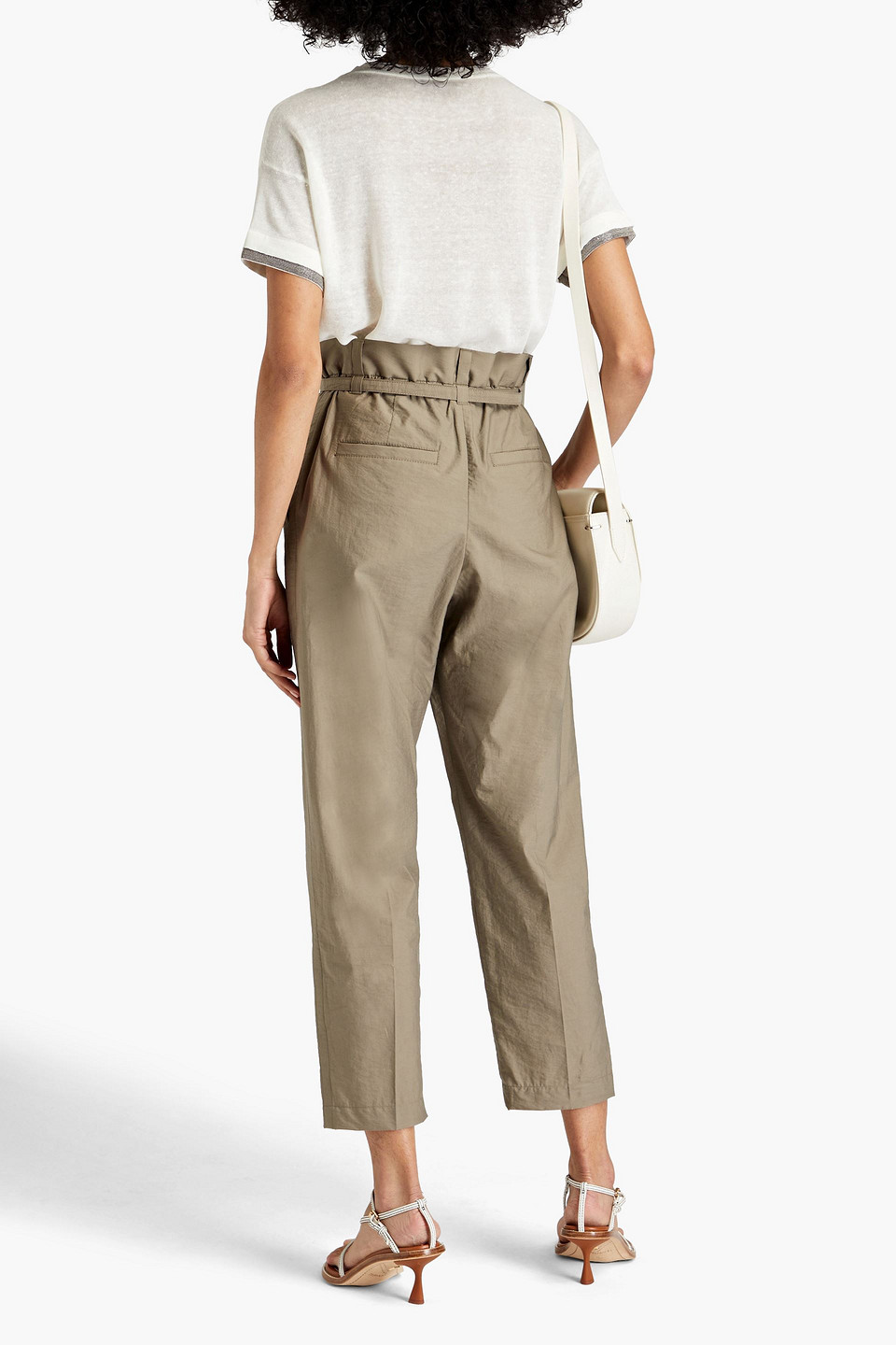 Shop Brunello Cucinelli Cropped Crinkled Cotton-blend Poplin Tapered Pants In Army Green