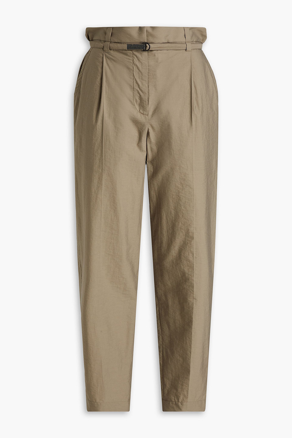 Brunello Cucinelli Cropped Crinkled Cotton-blend Poplin Tapered Pants In Army Green