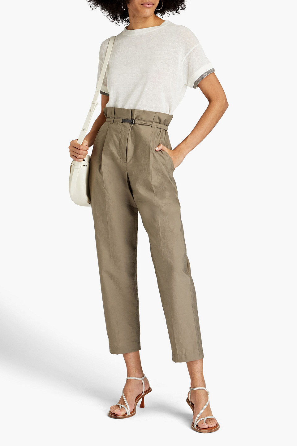 Shop Brunello Cucinelli Cropped Crinkled Cotton-blend Poplin Tapered Pants In Army Green