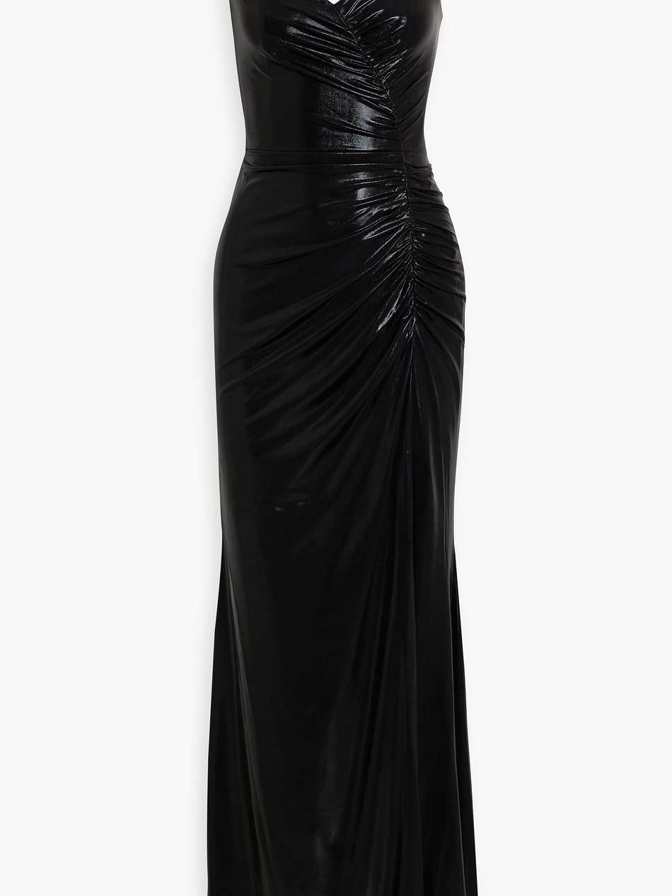ruched coated stretch-jersey gown