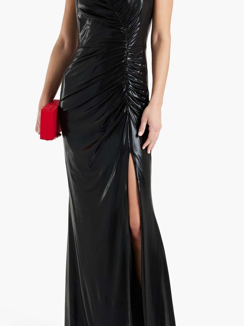 ruched coated stretch-jersey gown