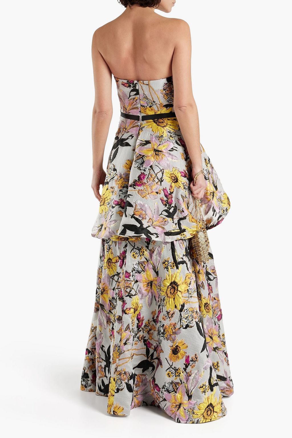 MARCHESA NOTTE Tiered floral-jacquard gown