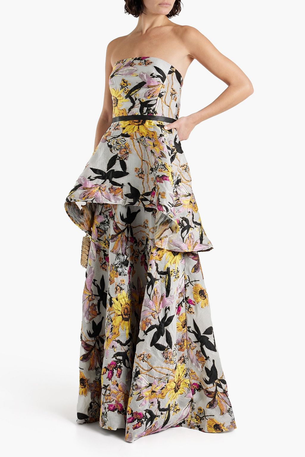 MARCHESA NOTTE Tiered floral-jacquard gown