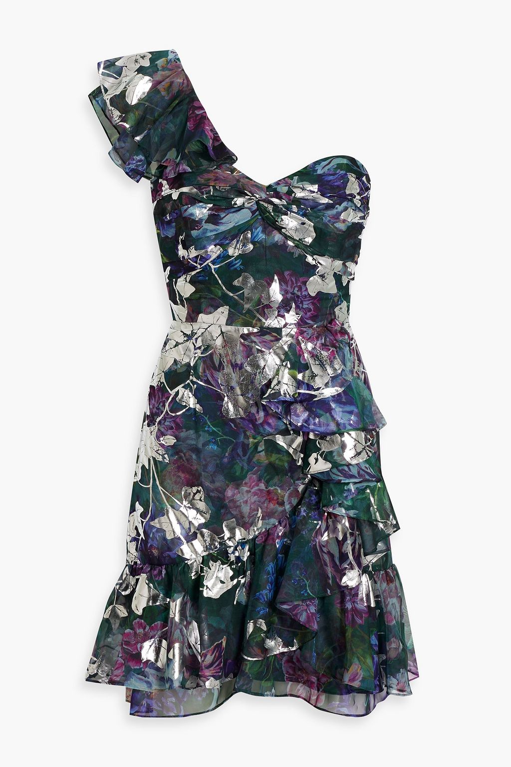 MARCHESA NOTTE One-shoulder metallic floral-print chiffon mini dress ...