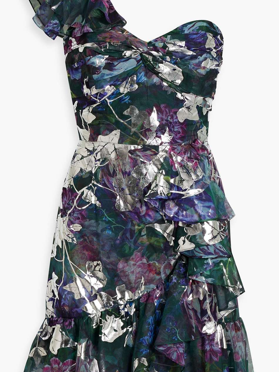 one-shoulder metallic floral-print chiffon mini dress