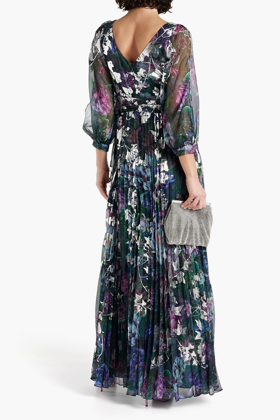 Shop Marchesa Notte Cutout Metallic Floral-print Chiffon Gown In Emerald