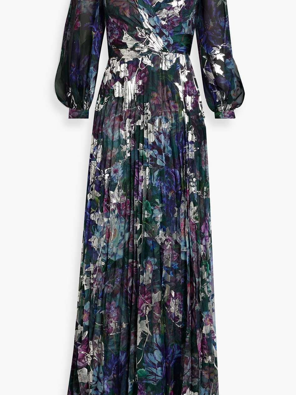 cutout metallic floral-print chiffon gown