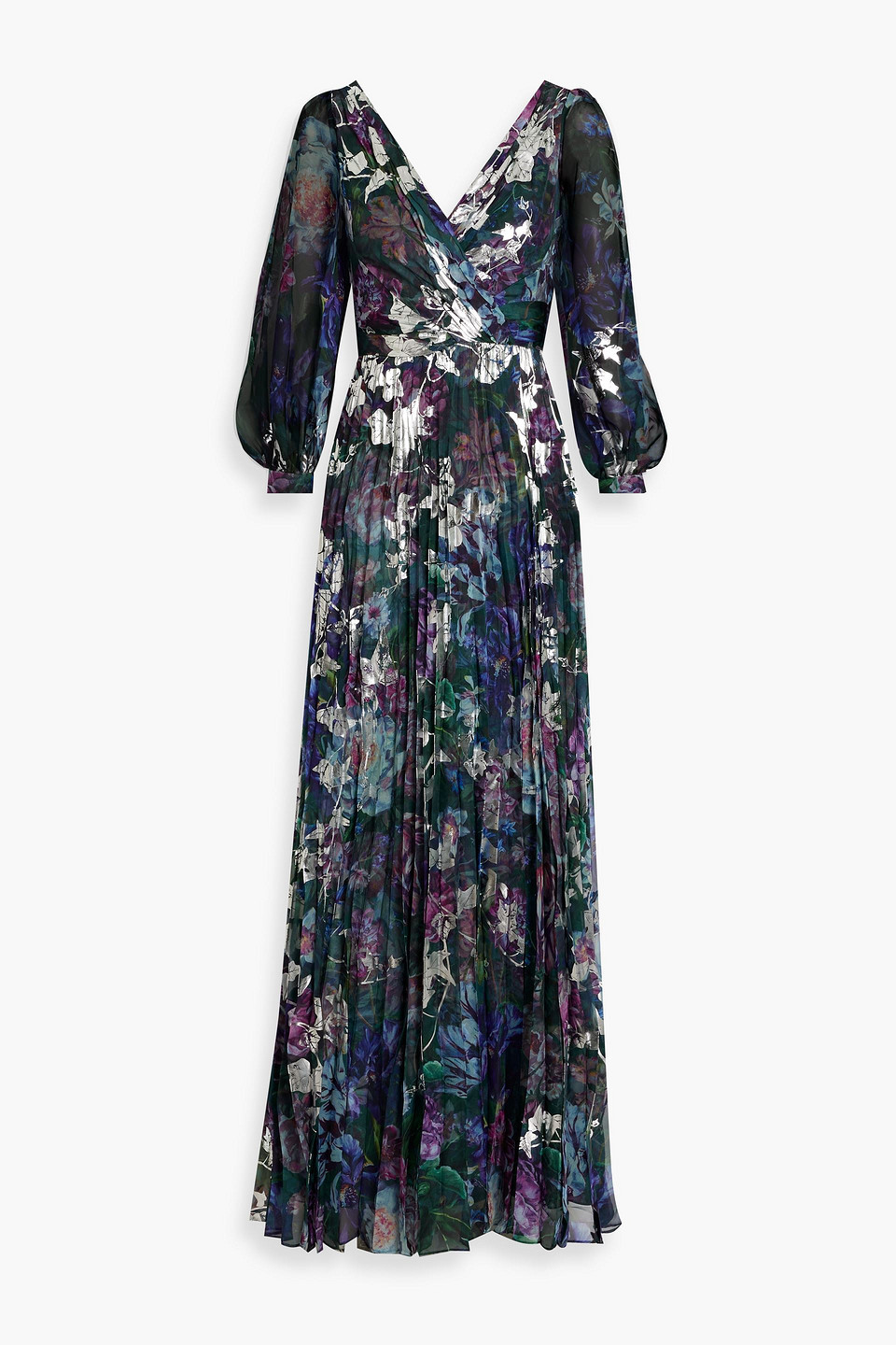 Cutout metallic floral-print chiffon gown
