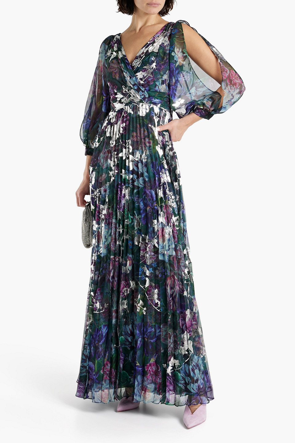 Shop Marchesa Notte Cutout Metallic Floral-print Chiffon Gown In Emerald