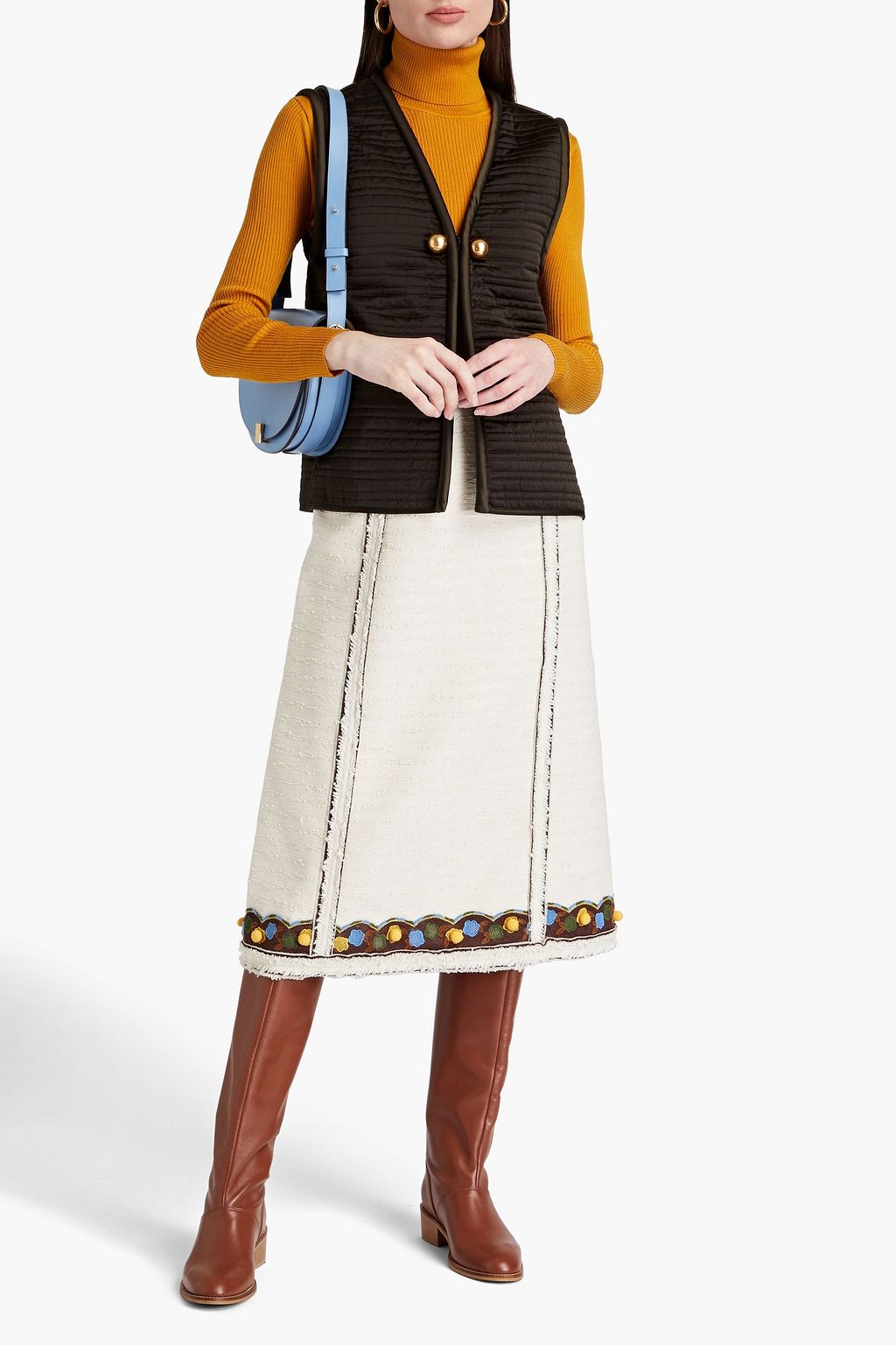 TORY BURCH 크로셰 트리밍 코튼 혼방 부클레 트위드 스커트