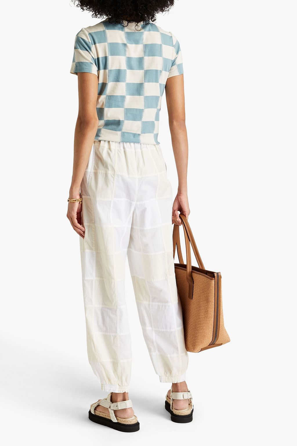 TORY BURCH Patchwork-effect gauze and poplin tapered pants