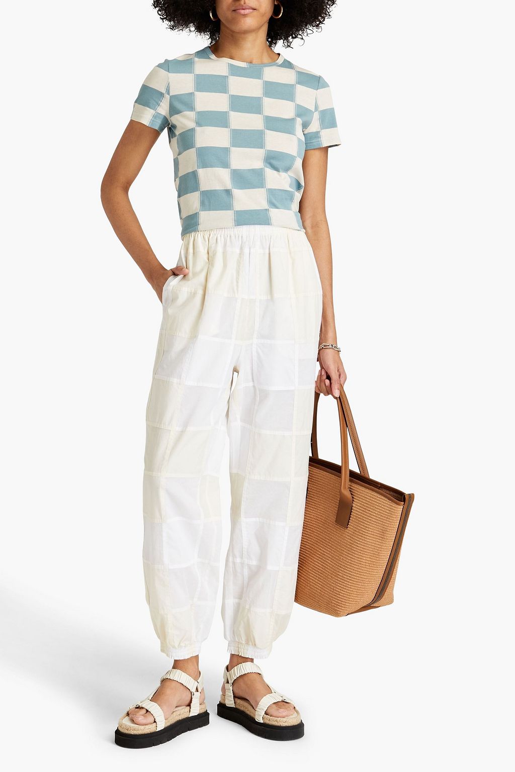 TORY BURCH Patchwork-effect gauze and poplin tapered pants