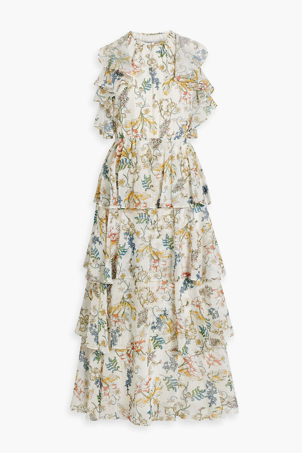 Shop Amur Tiered Floral-print Crepe De Chine Maxi Dress In Pastel Yellow