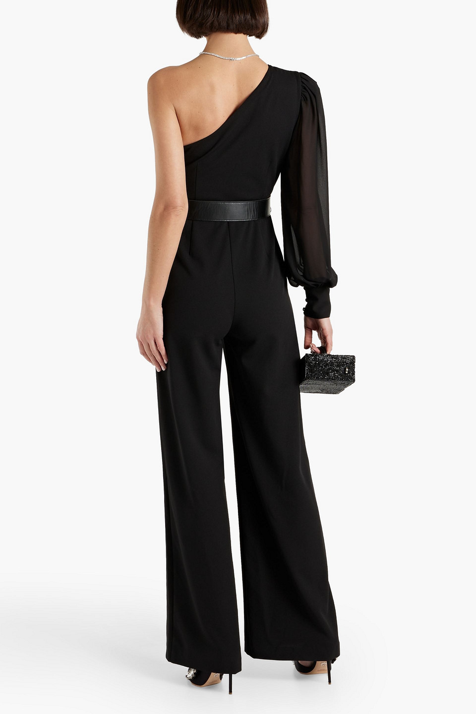 One33 Social One-shoulder Belted Crepe Jumpsuit In Black