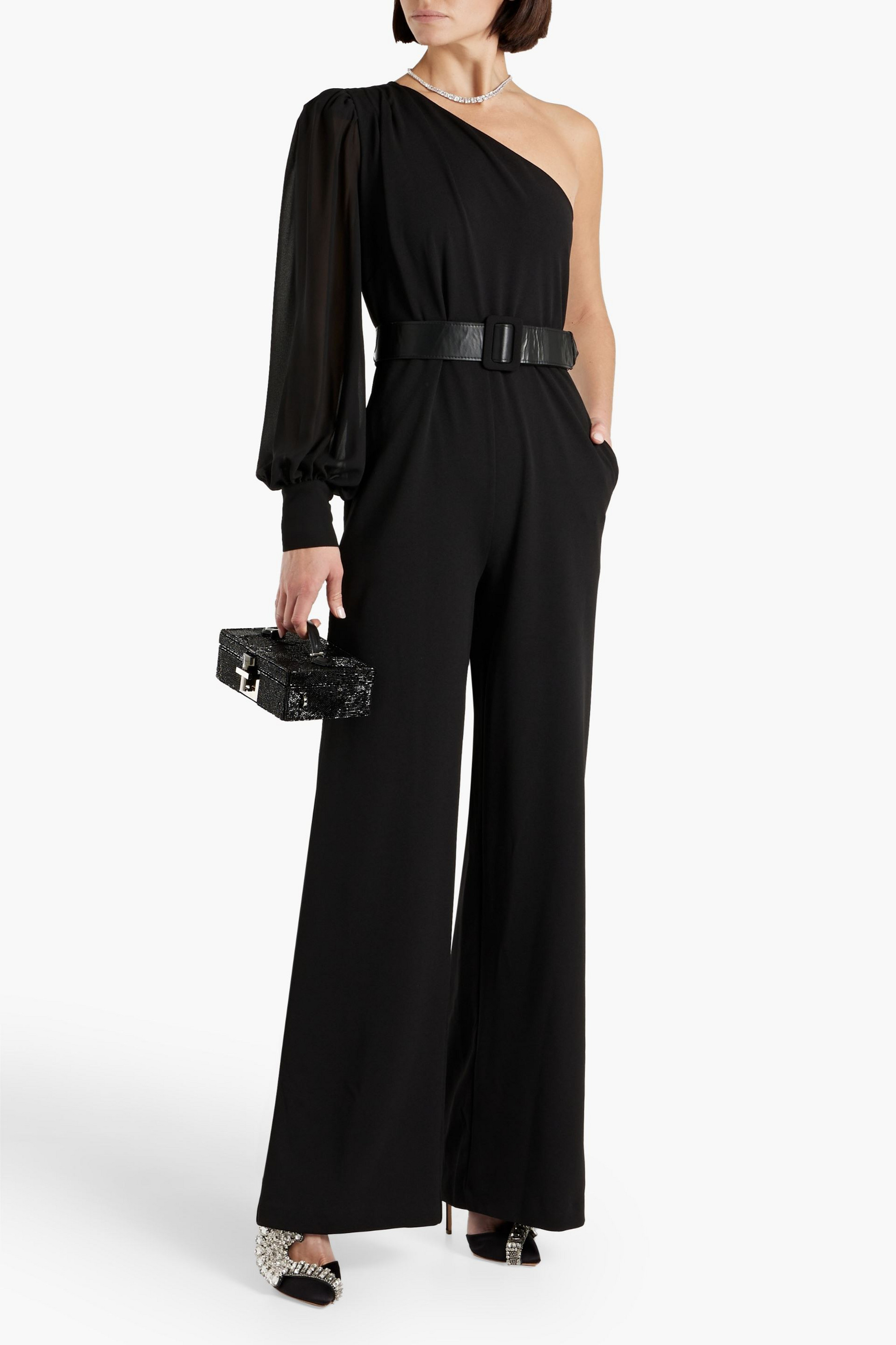 ONE33 SOCIAL One-shoulder belted crepe jumpsuit