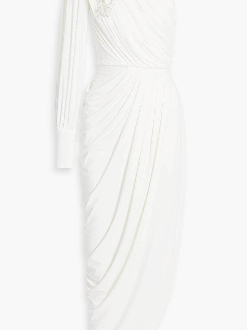 one-sleeve embellished draped cady gown